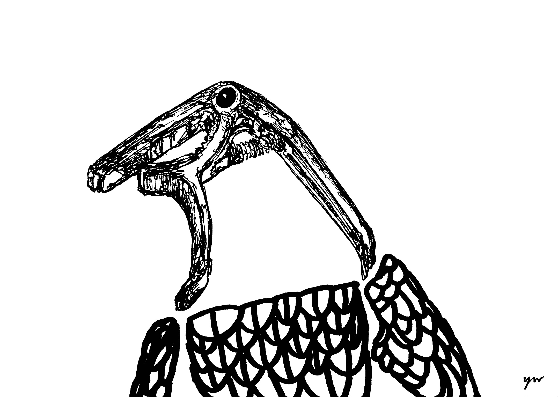 sketch of a guitar capo in black and white with a circular shape on the capo artistically rendered to resemble the eye of a predatory bird and a few visual indications of feathers and wings underneath the capo