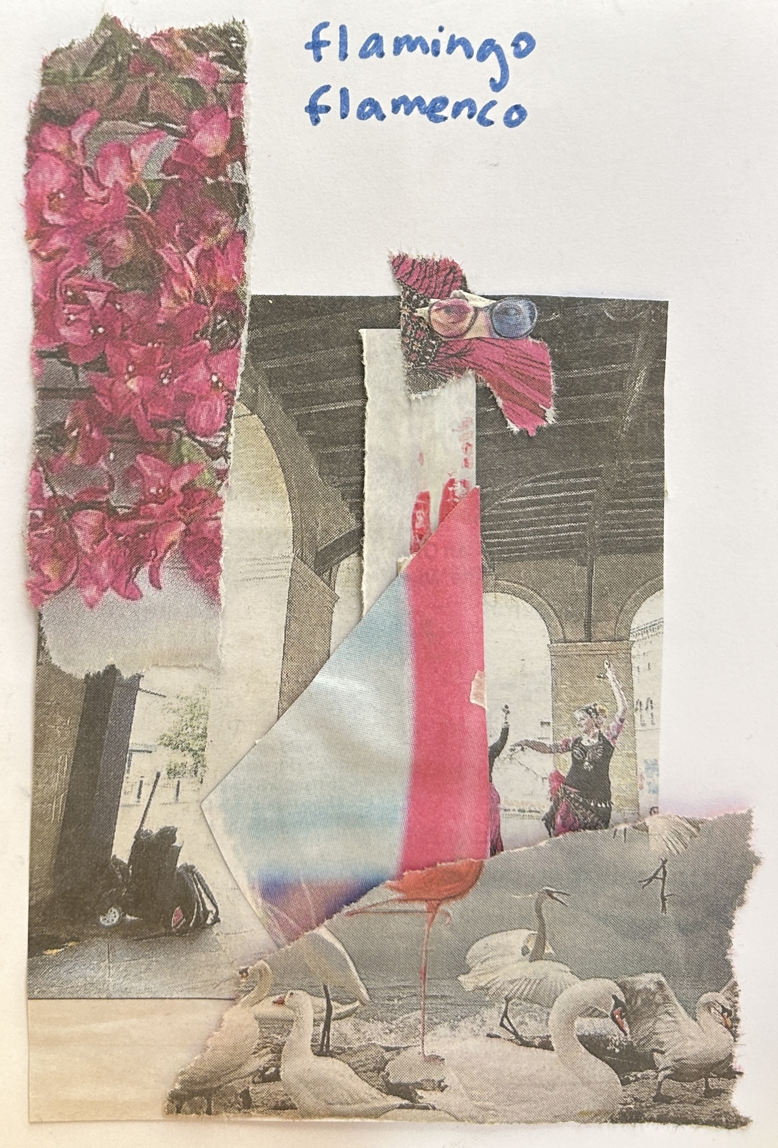 collage of various pink things turned into a flamingo with a backdrop of flamenco dancers