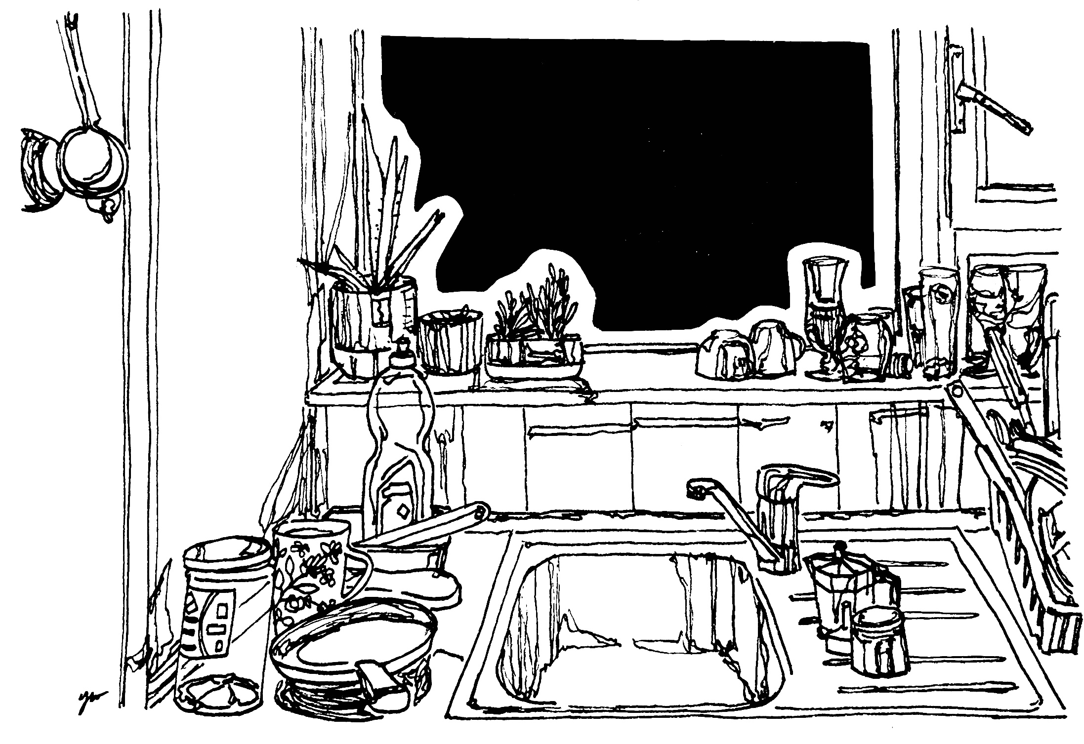 black-and-white sketch of the sink area of a friend's kitchen. the place is 'lived-in', with cups and silverware strewn around. the window overlooking the sink has been cut out of the paper, and audiences are welcome to position the work in any direction that demands a window.