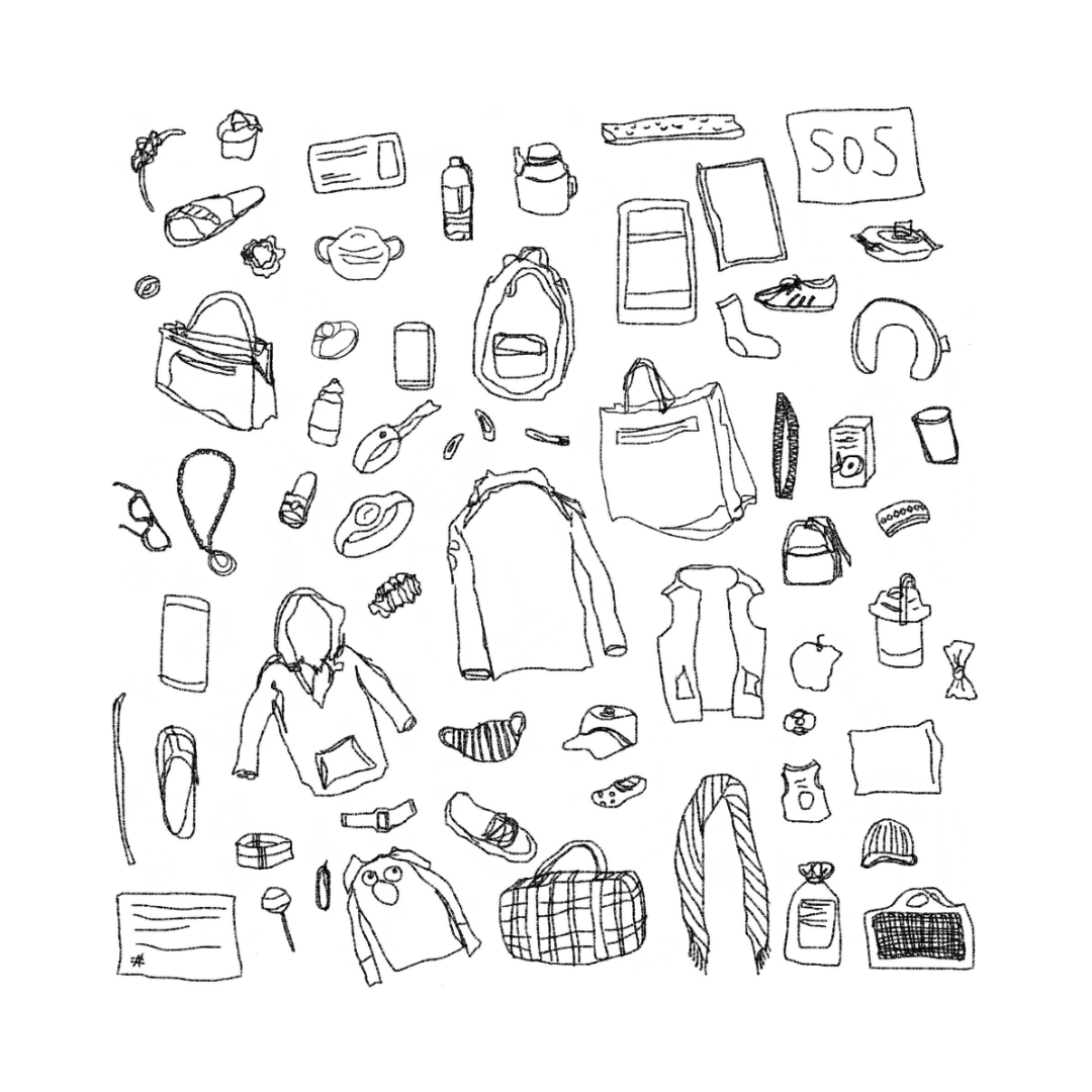 black-and-white sketch of a series of items belonging to refugees from an unnamed state