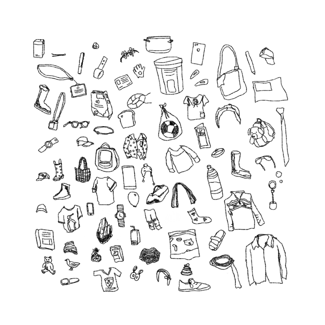 black-and-white sketch of a series of items belonging to refugees from an unnamed state