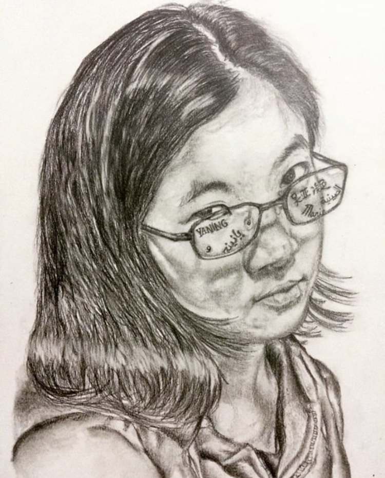 sketch of yaning, a chinese teenager in glasses staring intently at the camera