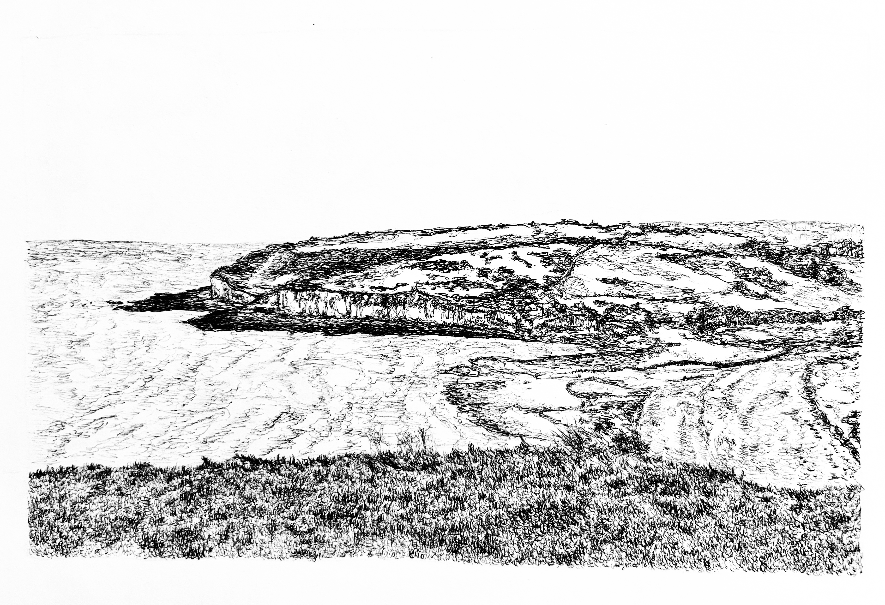 black-and-white sketch of the Seven Sisters Cliffs, with the sky, sea, and crashing waves visible