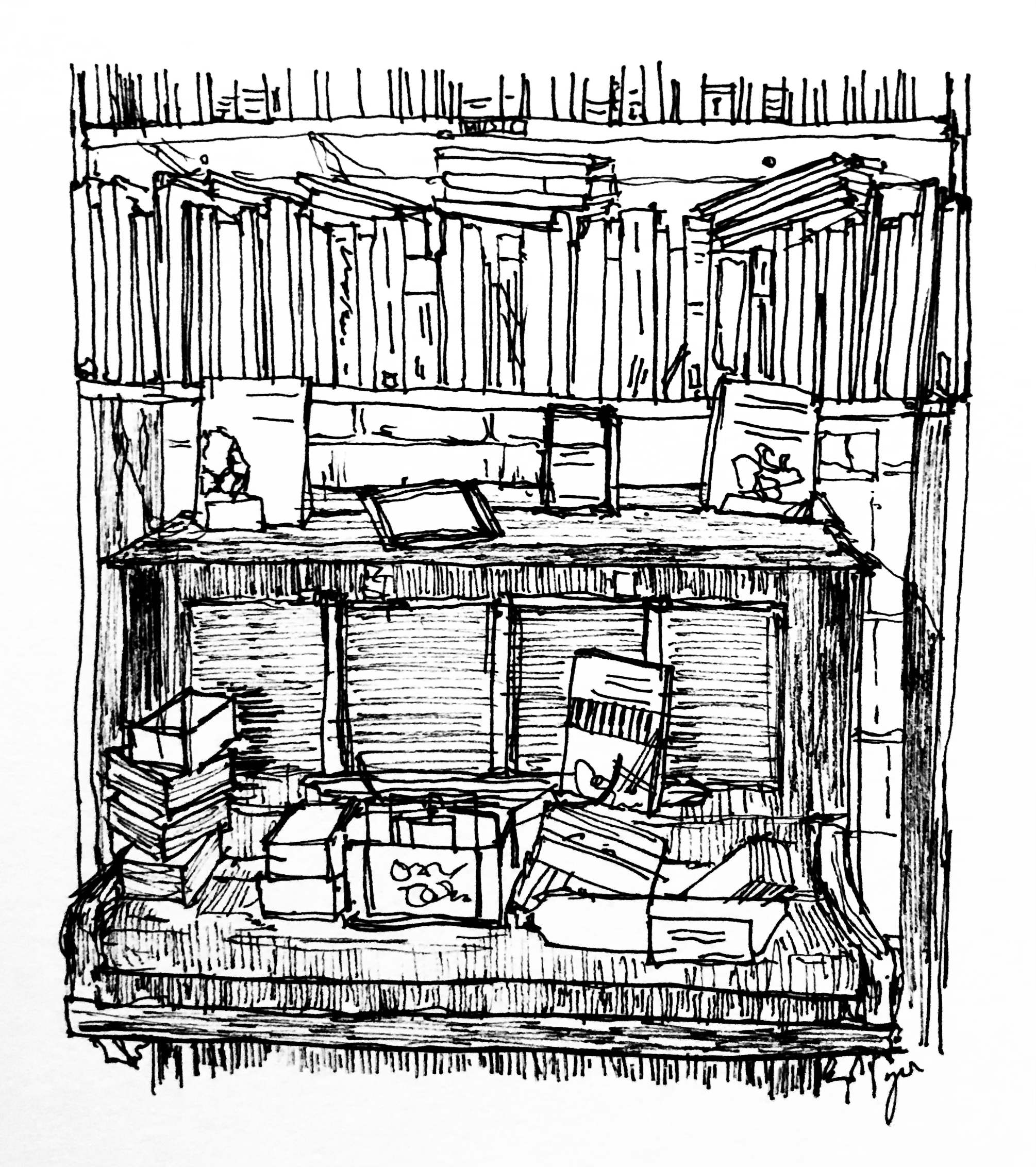 black-and-white sketch of one bookshelf on top of a piano in a used book bookshop in central London. books and storage boxes are piled on top of the piano.