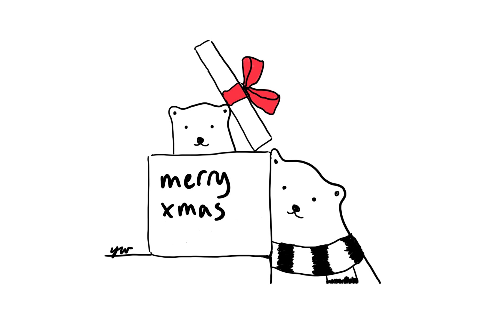 sketch of a small polar bear emerging from a gift box and a larger polar bear leaning against the gift box. both polar bears are wearing scarves.